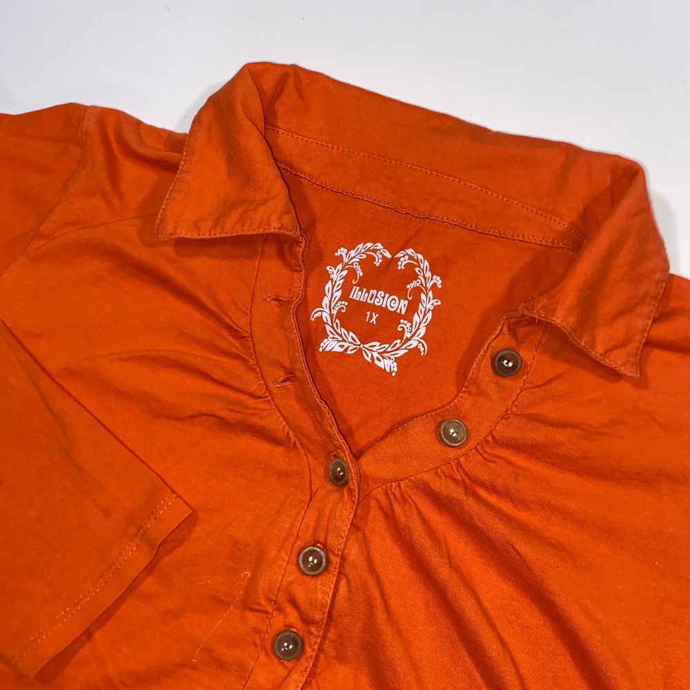 Illusion Womens 1X Orange Henley Polo Long Sleeve Collared Knit Top Plus Size